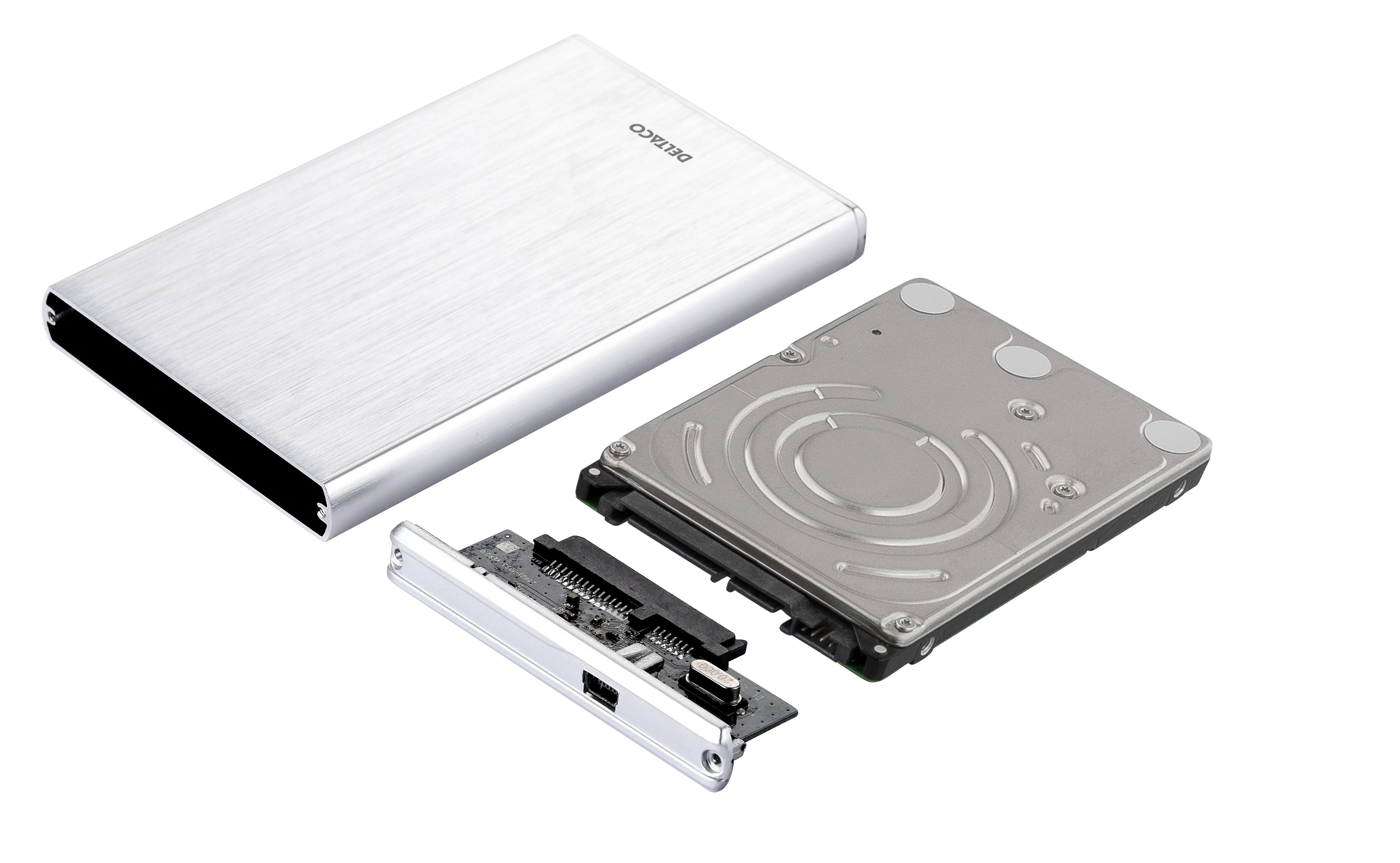 DELTACO ulkoinen kotelo 1x2,5&quot; SATA 6Gb/s-kiintolevy, USB3, hopea