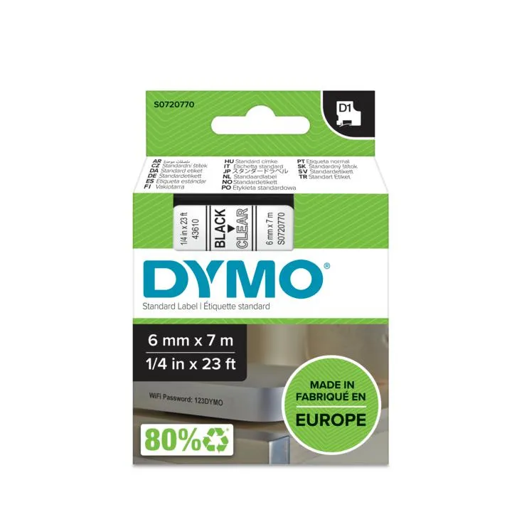 DYMO D1 m&auml;rktejp standard 6mm, svart p&aring; transparent, 7m rulle (43610