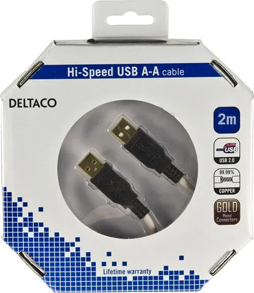 Deltaco USB-A - USB-A - cable, 2 m, Beige/Black