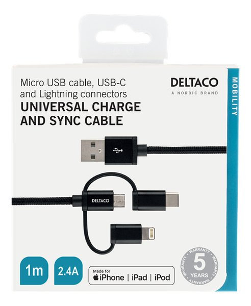 Streetz USB-A - Lightning - kabel, 1m, Svart