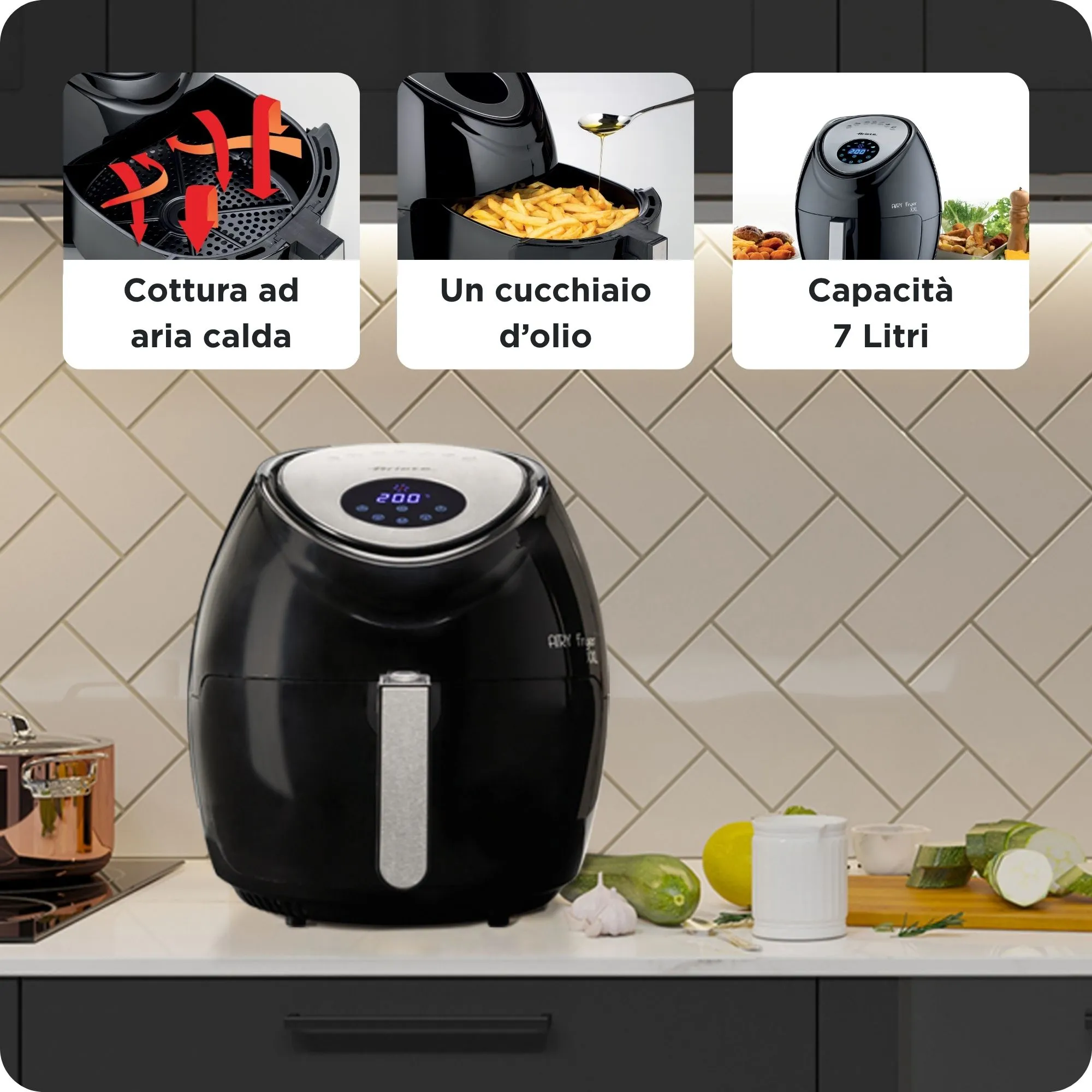 Ariete Airy Fryer XXL, 7 l, 2,5 kg, 1800 W, airfryer, svart