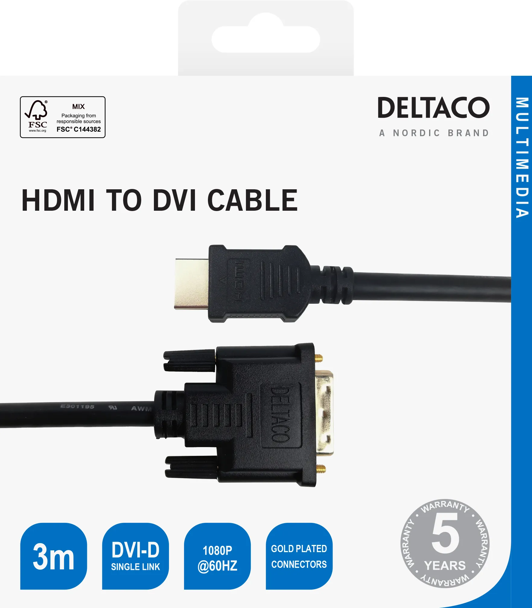 Deltaco HDMI &ndash; DVI-D Single Link cable, 3 m, Black