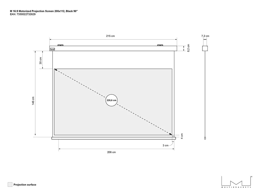 Multibrackets M Motorized Projection Screen Black Edition - Heijastusn&auml;ytt&ouml; - kattoon asennettava - moottoroitu - 90 tuuma (229 cm) - 16:9 - Matte White - musta