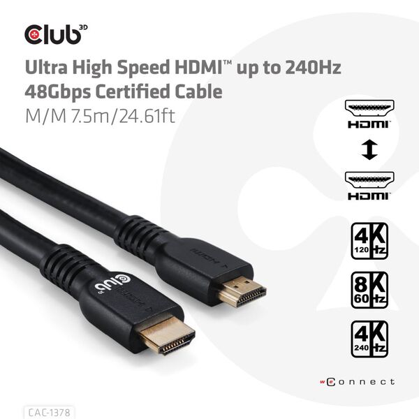 CLUB 3D Ultra High Speed HDMI 2.1 kabel, med 240 Hz, 7,5 m, svart