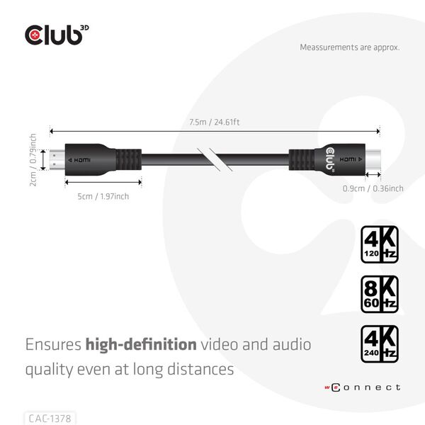 CLUB 3D Ultra High Speed HDMI 2.1 -kaapeli, jossa 240 Hz, 7,5 m, musta
