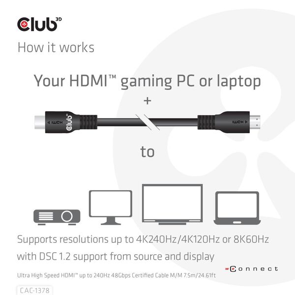 CLUB 3D Ultra High Speed HDMI 2.1 -kaapeli, jossa 240 Hz, 7,5 m, musta