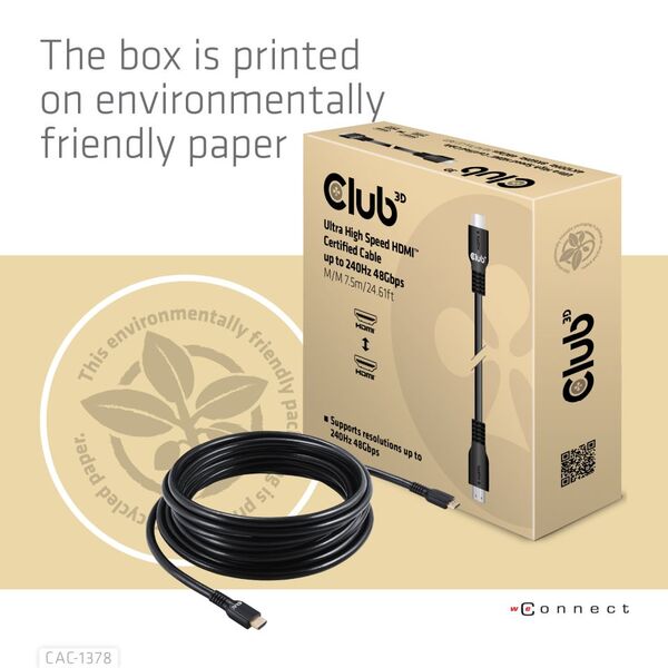 CLUB 3D Ultra High Speed HDMI 2.1 cable, 240 Hz, 7.5 m, Black