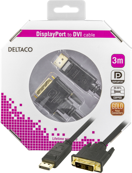 Deltaco DisplayPort &ndash; DVI-D - cable, Single, 3 m, Black