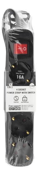 Deltaco GT-119B 4 outlets Power Strip, 1.5m, Black