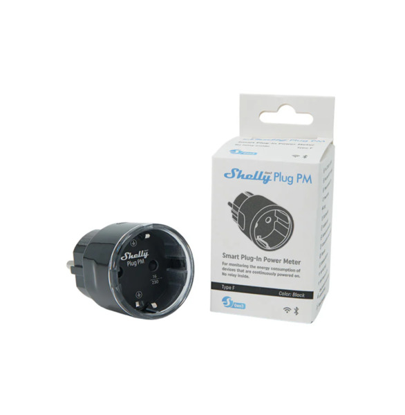 Shelly Plug PM Gen3 - 16A black Wi-Fi-enabled energy meter that plugs into a standard outlet