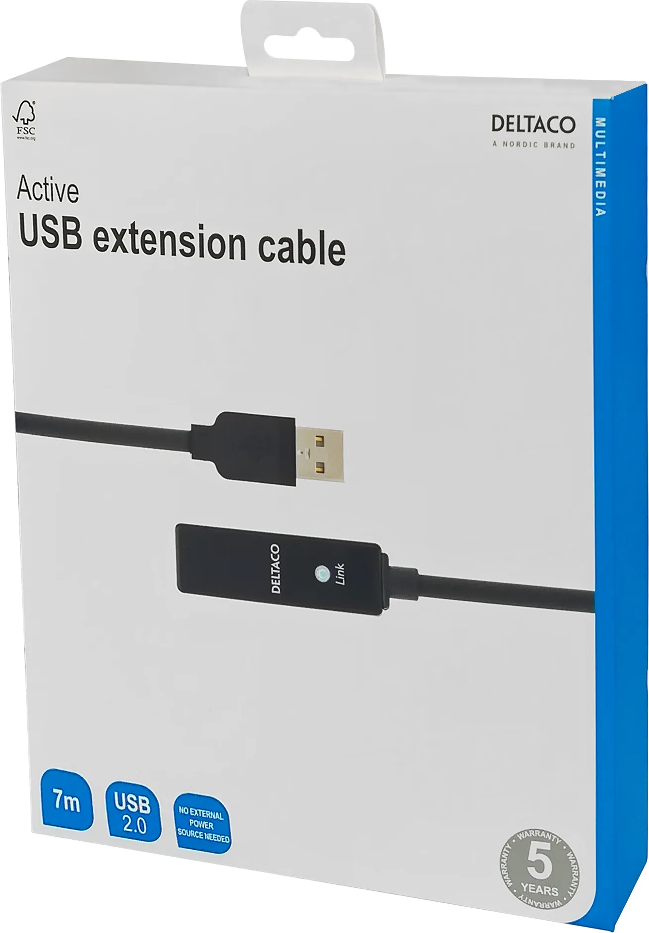 Deltaco Prime Active USB-A 2.0 - extension cable, 7 m, Black