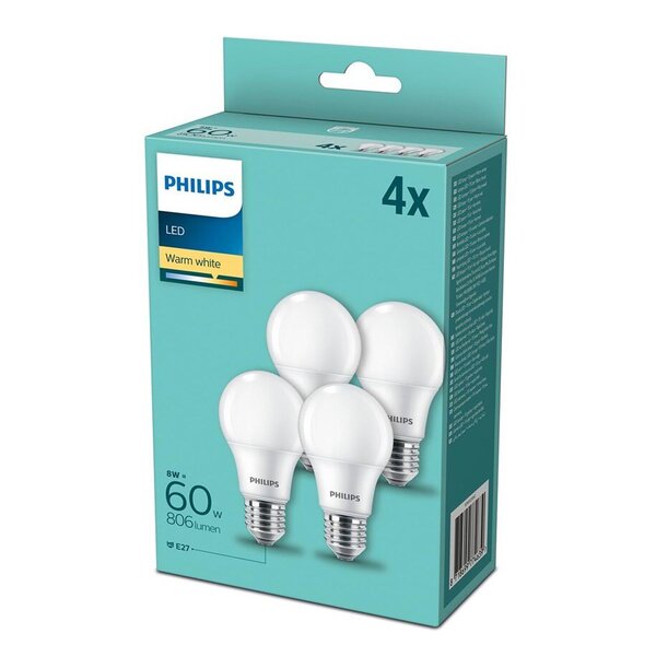 Philips LED Bulb A60 E27 8W (60W) 806lm 2700K Frosted 4-pack