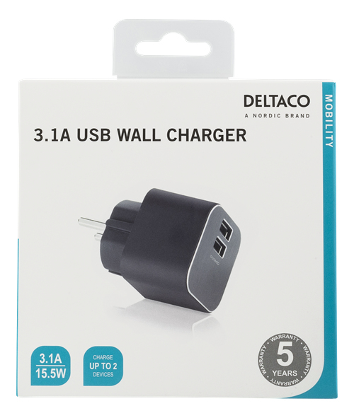 DELTACO Str&ouml;madapter fr&aring;n 230V till 5V USB, 2xUSB-portar, 3.1A, svar