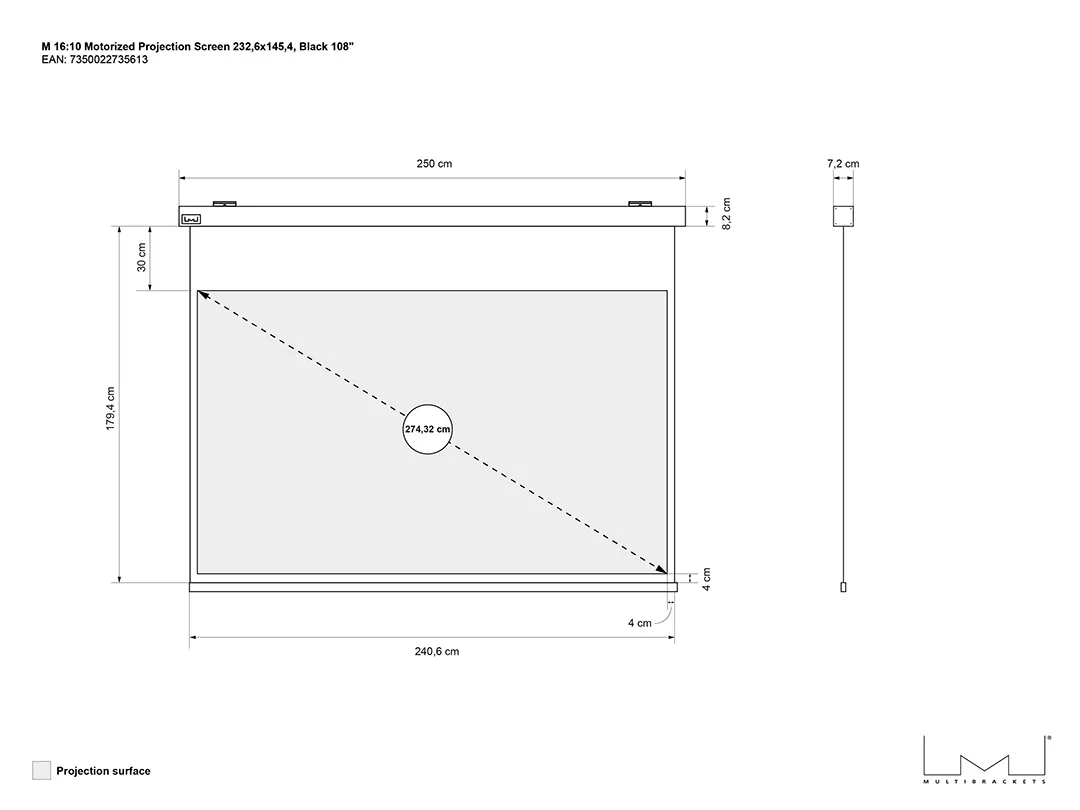 Multibrackets M Motorized Projection Screen Black Edition - Heijastusn&auml;ytt&ouml; - moottoroitu - 108 tuuma (274 cm) - 16:10 - Matte White - musta