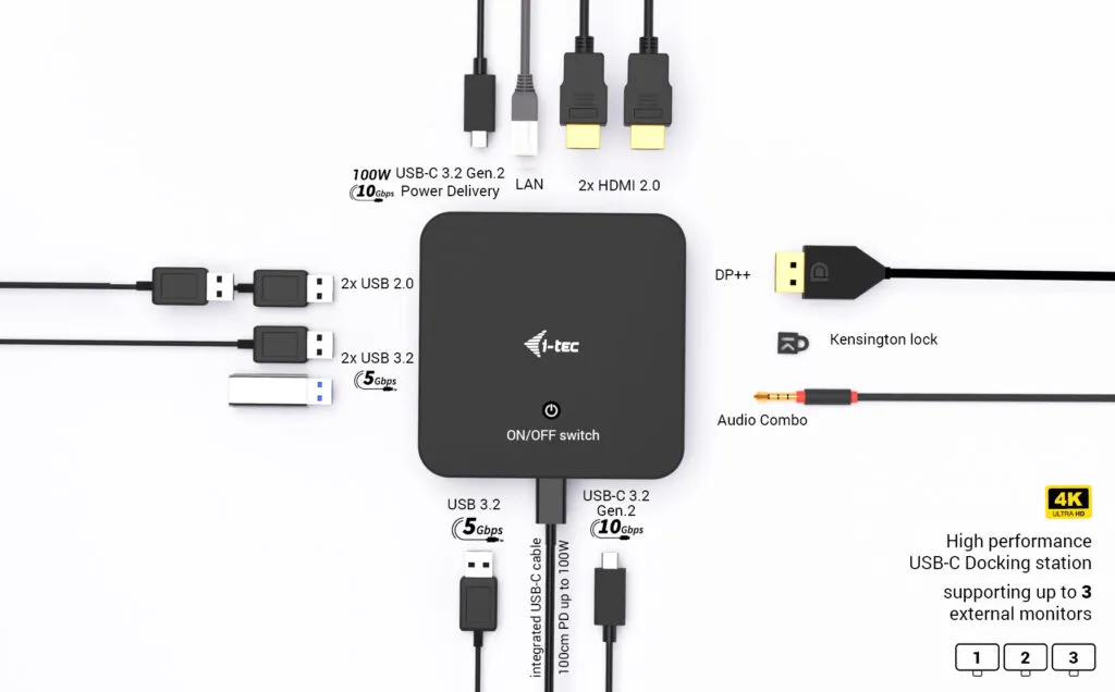 I-TEC USB-C DP Dual HDMI Docking Station, PD 100W + PSU 100W
