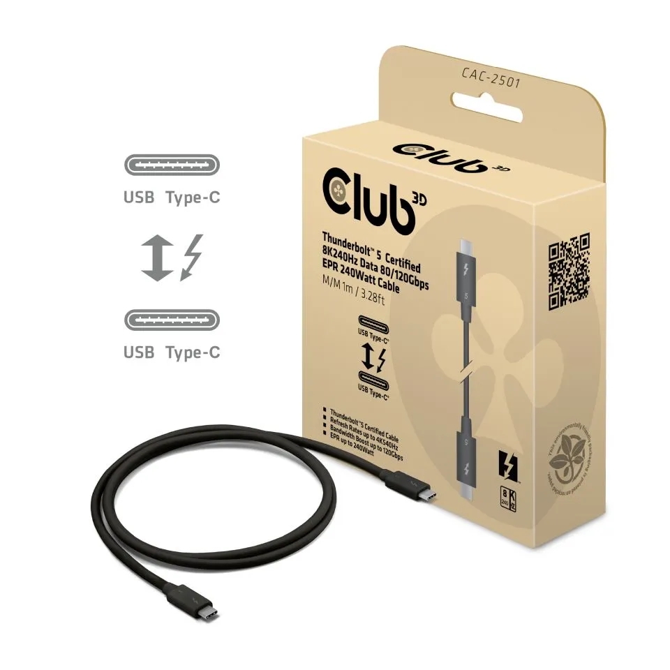 Club 3D Thunderbolt 5 8K240Hz 240W -kaapeli, Musta, 1m