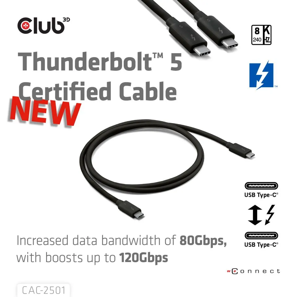 Club 3D Thunderbolt 5 8K240Hz 240W -kaapeli, Musta, 1m
