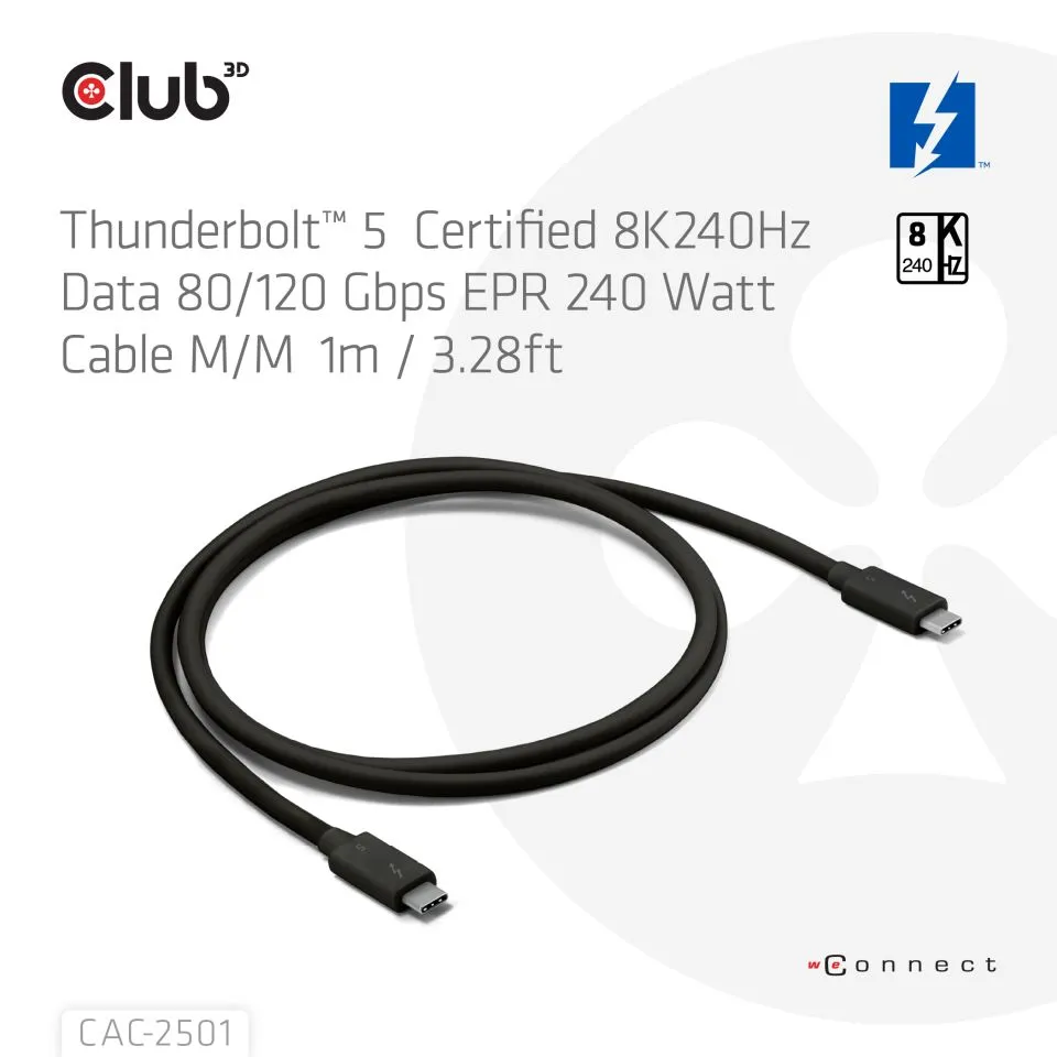 Club 3D Thunderbolt 5 8K240Hz 240W -kaapeli, Musta, 1m