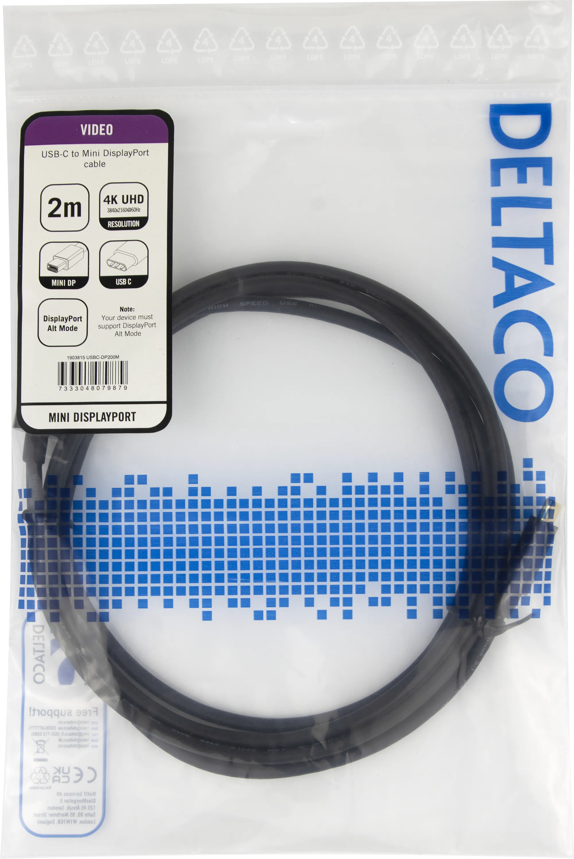 Deltaco USB-C to Mini DisplayPort cable, 2 m, Black
