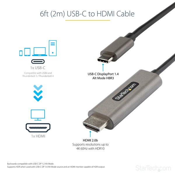 6FT USB C TO HDMI CABLE 4K 60HZ - WITH HDR10 - USB-C TO HDMI MONIT