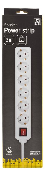 Deltaco GT-133 6 outlets Power Strip, 3m, White