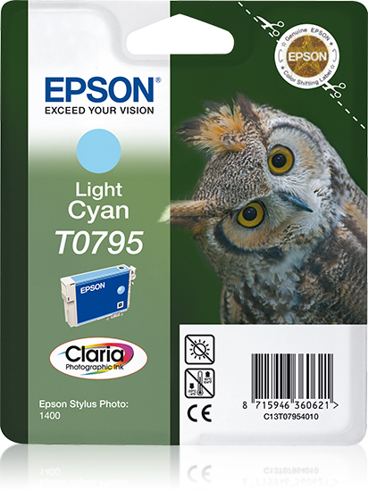 Epson T0795 - Kasetti tulostimelle - 1 x vaalea sinivihre&auml; - blister RF:ll&auml;/&auml;&auml;nih&auml;lyttimell&auml; malleihin Stylus Photo 1400, 1500W, PX830FWD