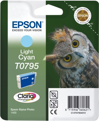 Epson T0795 - Kasetti tulostimelle - 1 x vaalea sinivihre&auml; - blister RF:ll&auml;/&auml;&auml;nih&auml;lyttimell&auml; malleihin Stylus Photo 1400, 1500W, PX830FWD