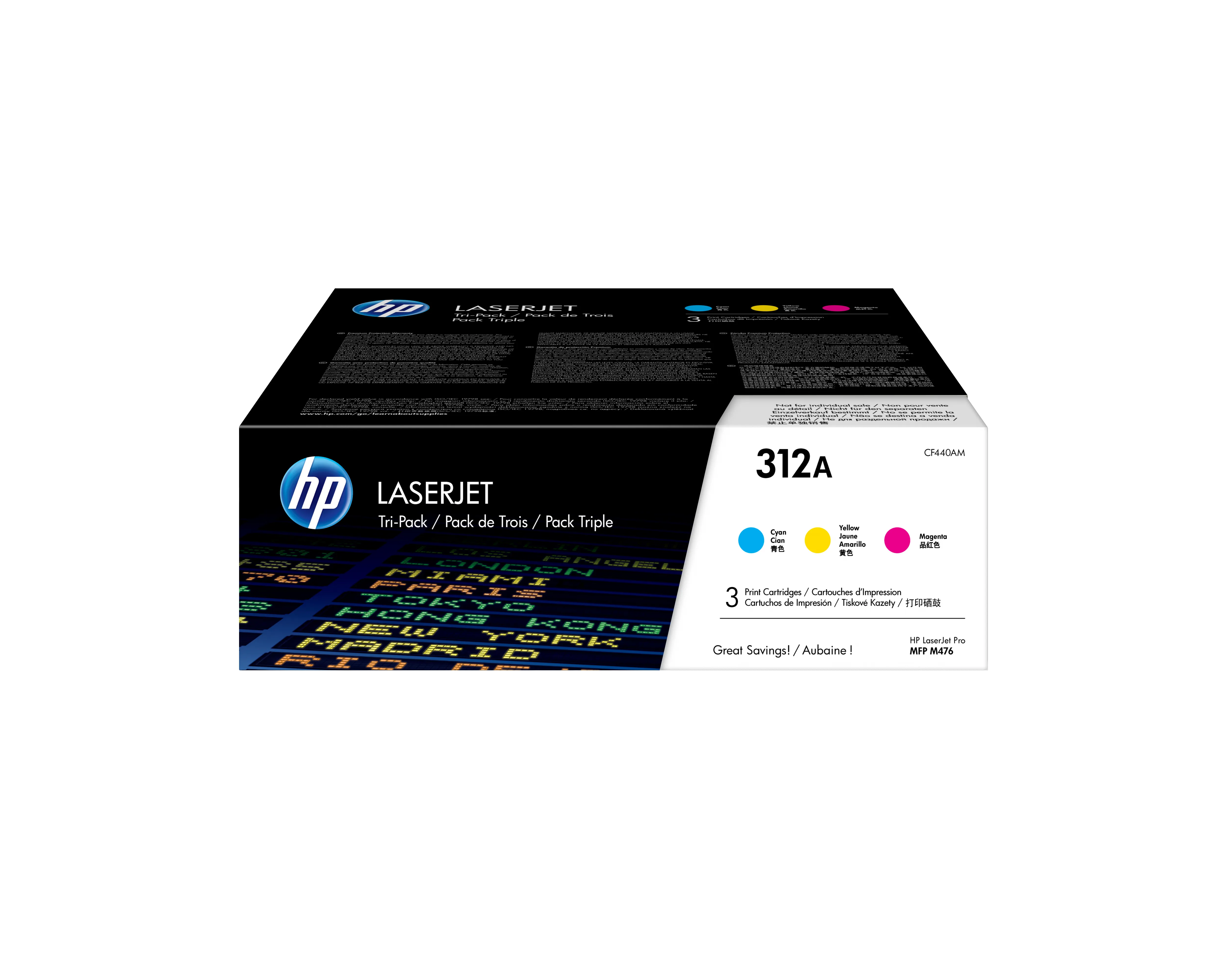 HP 312A Tri-Pack - 3 pakettia - keltainen, sinivihre&auml;, magenta - alkuper&auml;inen - LaserJet - v&auml;riainekasetti (CF440AM) malleihin LaserJet Pro MFP M476dn, MFP M476