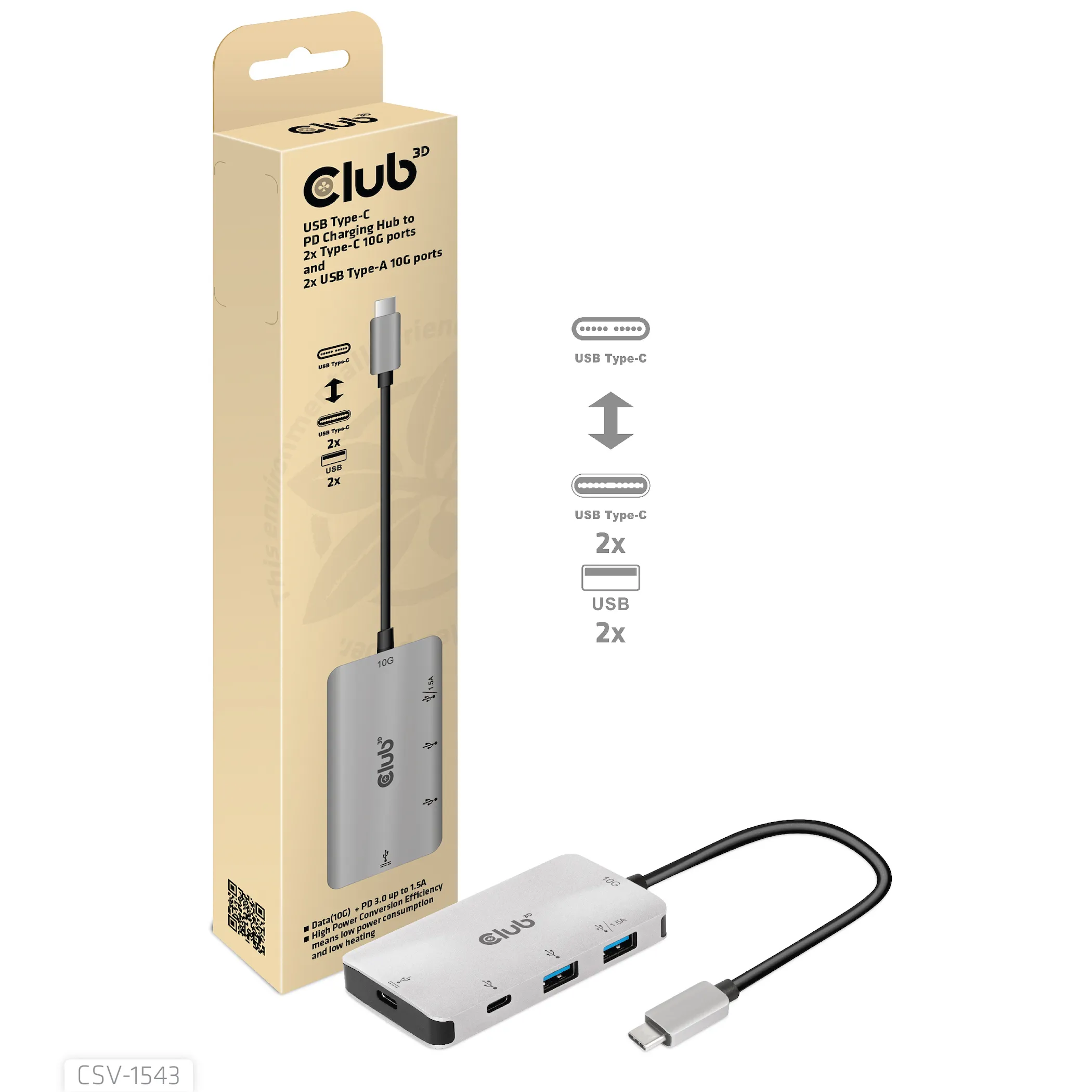 Club 3D USB Gen2 Type-C PD Laddnings 1.5A - hub, Grå