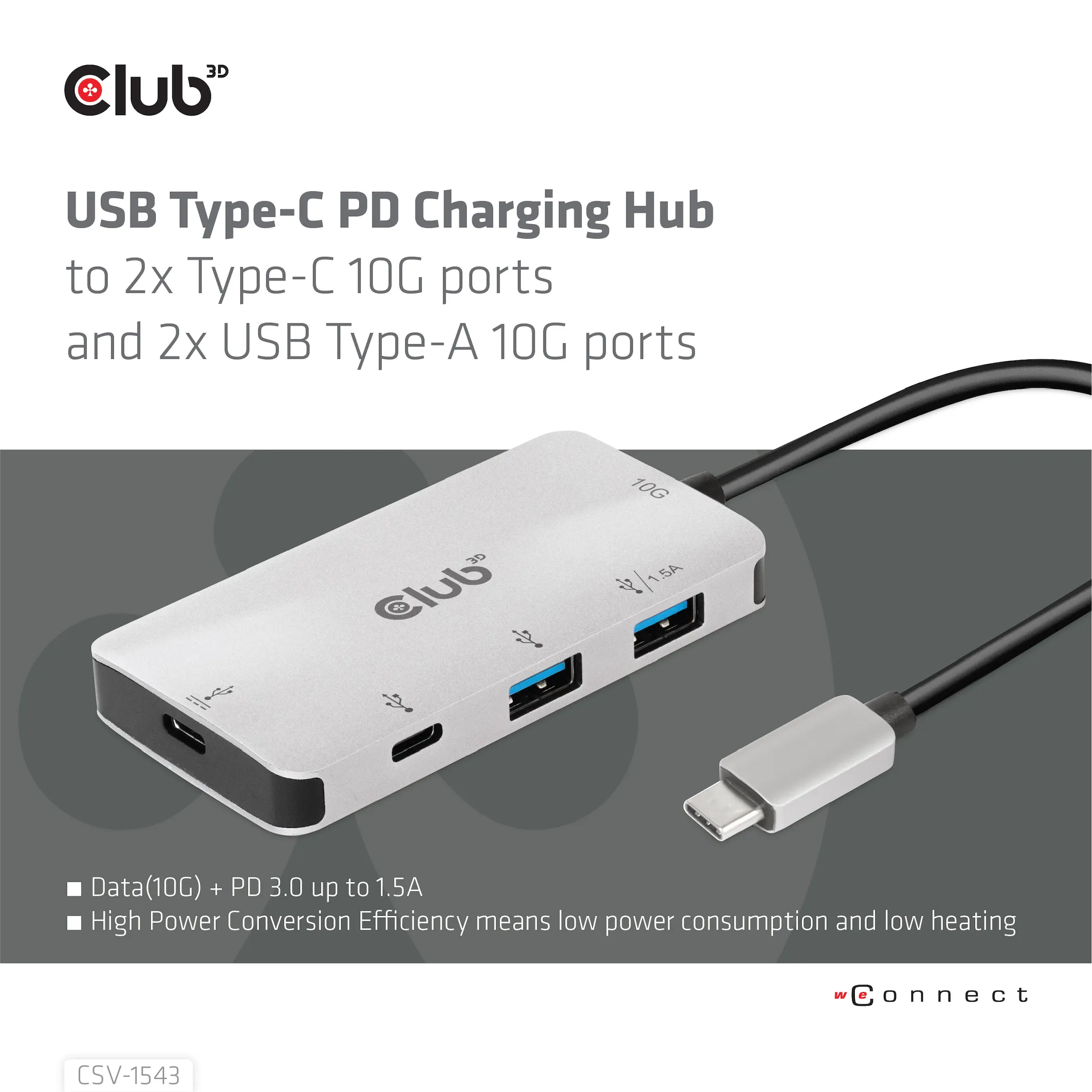 Club 3D USB Gen2 Type-C PD Laddnings 1.5A - hub, Grå