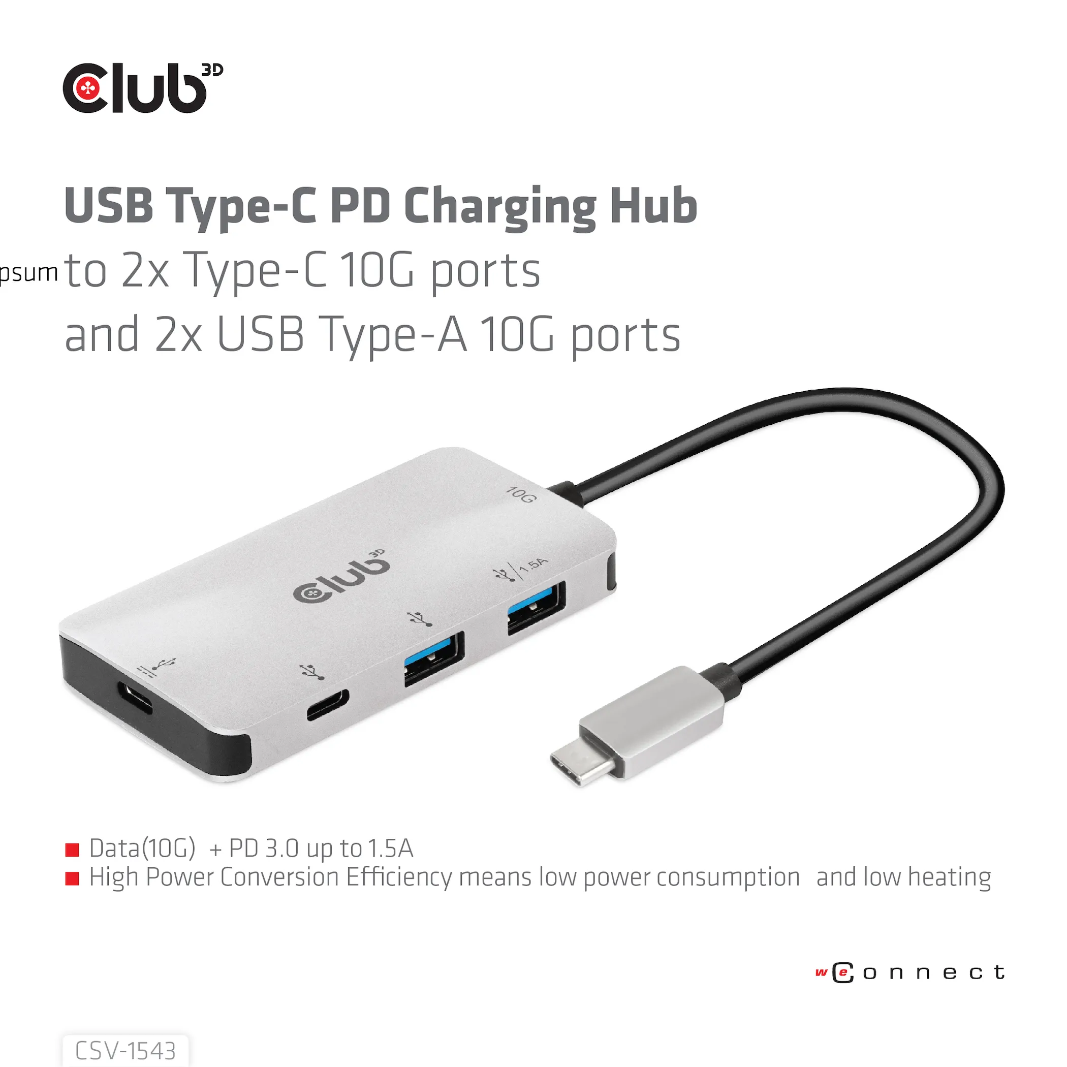 Club 3D USB Gen2 Type-C PD Laddnings 1.5A - hub, Grå