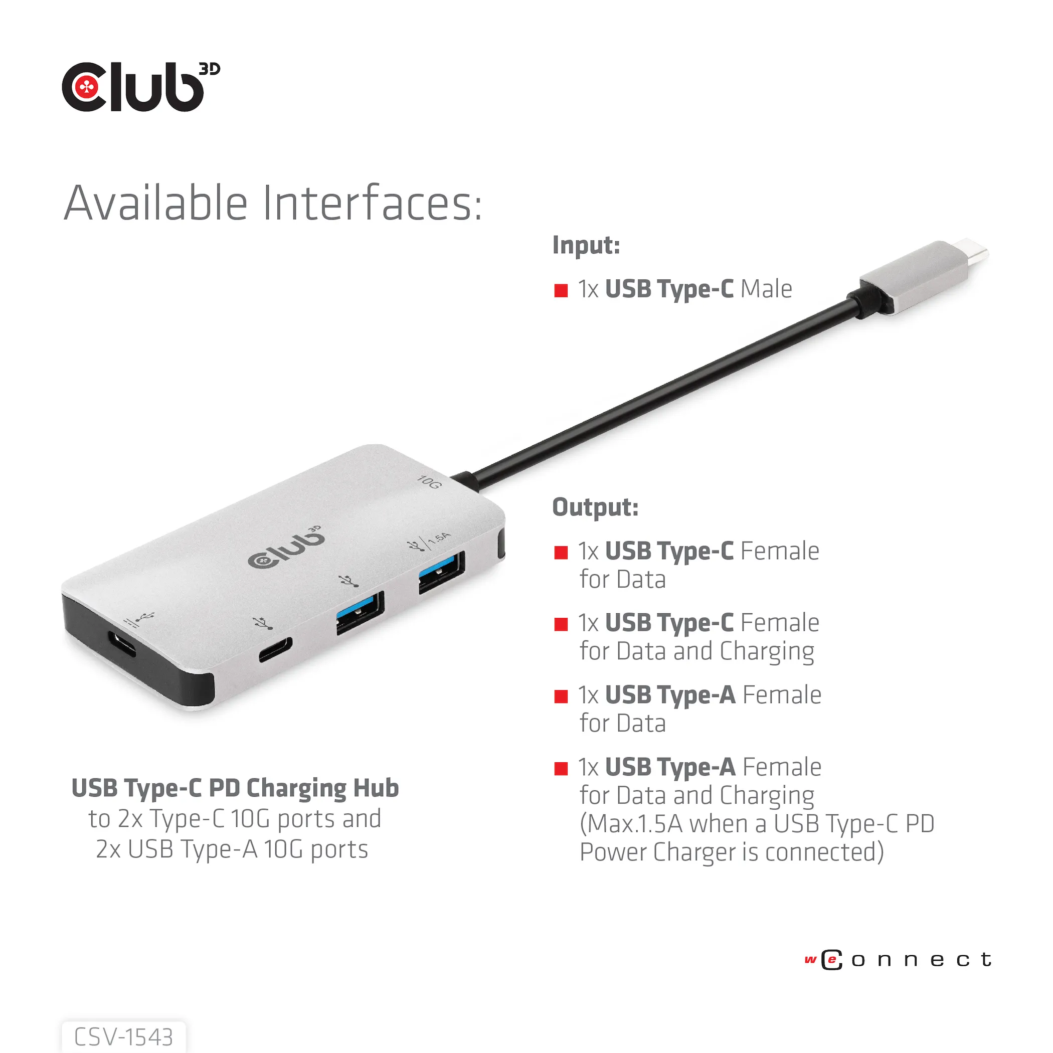 Club 3D USB Gen2 Type-C PD Laddnings 1.5A - hub, Grå