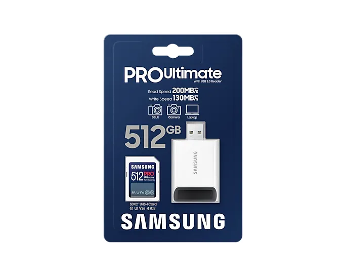 Samsung PRO Ultimate 512GB SDXC UHS-I U3 V30 A2 card with SD card reader, Black/White