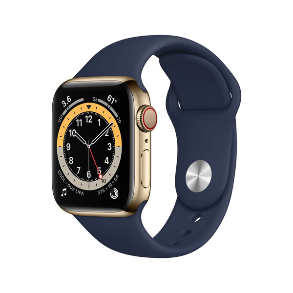 Apple Watch Series 6 GPS + Cellular, 40mm Gold Stainless Steel Case with Deep Navy Sport Band
