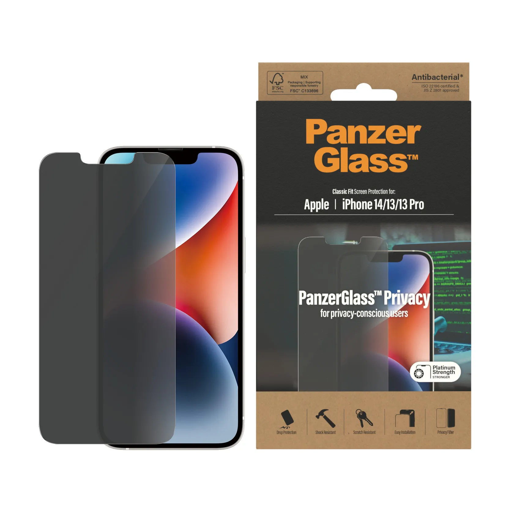 PanzerGlass Classic Fit, Privacy, iPhone 14 / 13 / 13 Pro - Screen Glass
