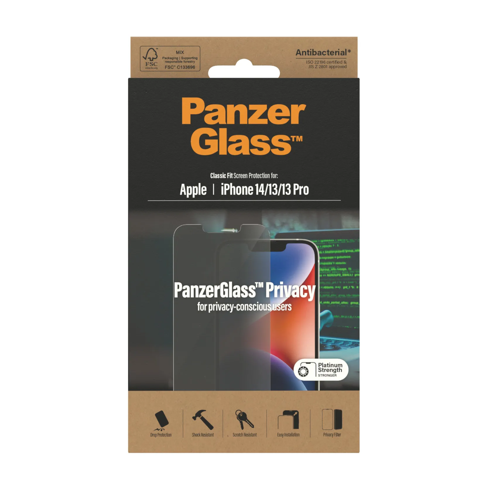 PanzerGlass Classic Fit, Privacy, iPhone 14 / 13 / 13 Pro - Screen Glass
