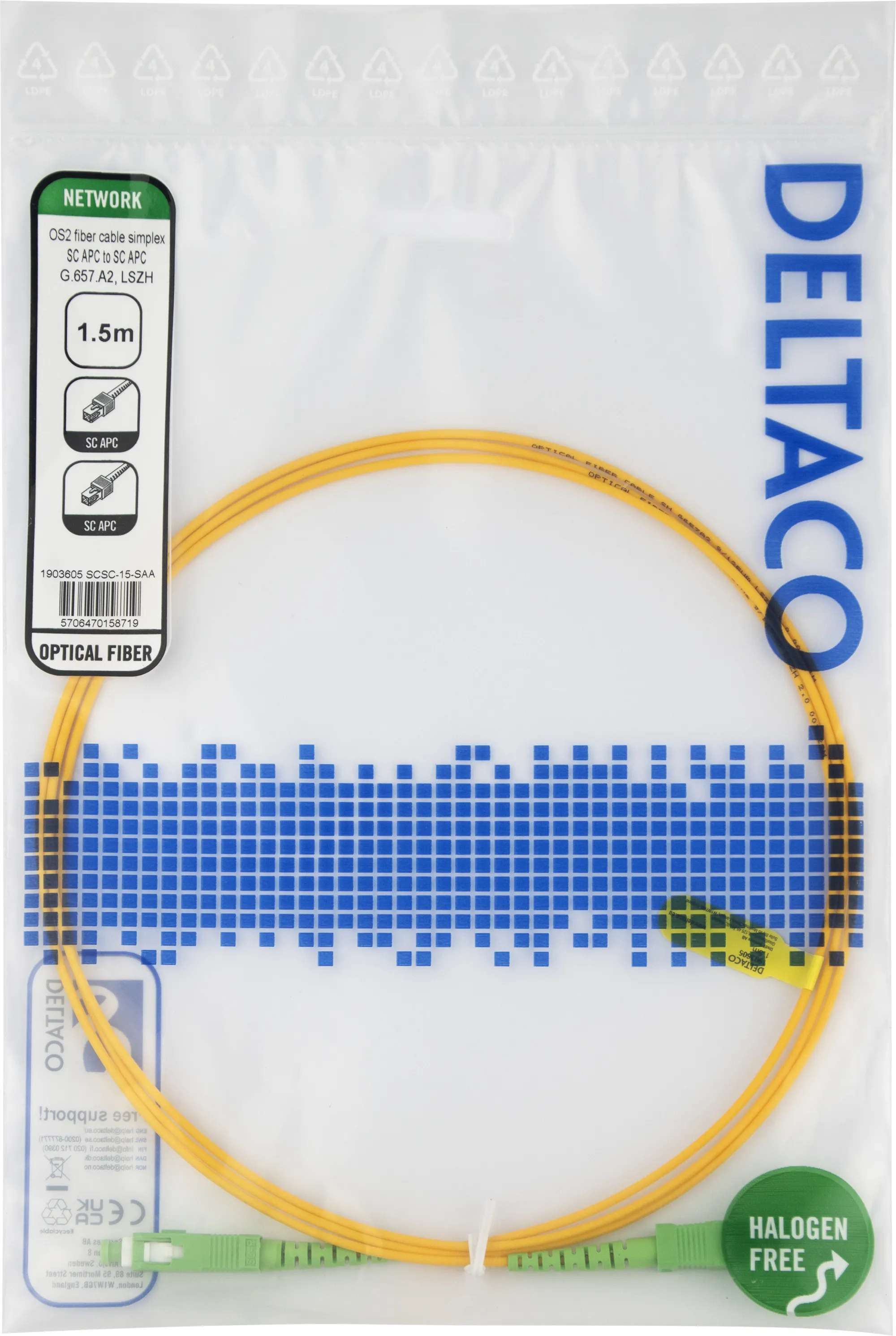 Deltaco OS2 LSZH SC-SC 1.5m Fiber Optic Cable, Yellow