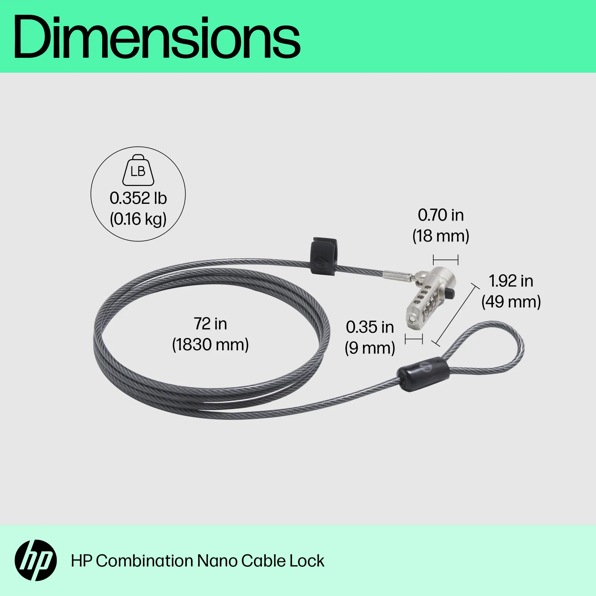 HP Nano Combination Lock - Turvakaapelilukko - 1.83 m malleihin Elite Mobile Thin Client mt645 G7, Fortis 11 G9, ZBook Firefly 14 G9