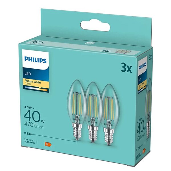 Philips LED-filamentkronljus 4,3W (40W) E14 470lm 2700K Varmvit, 3-pack
