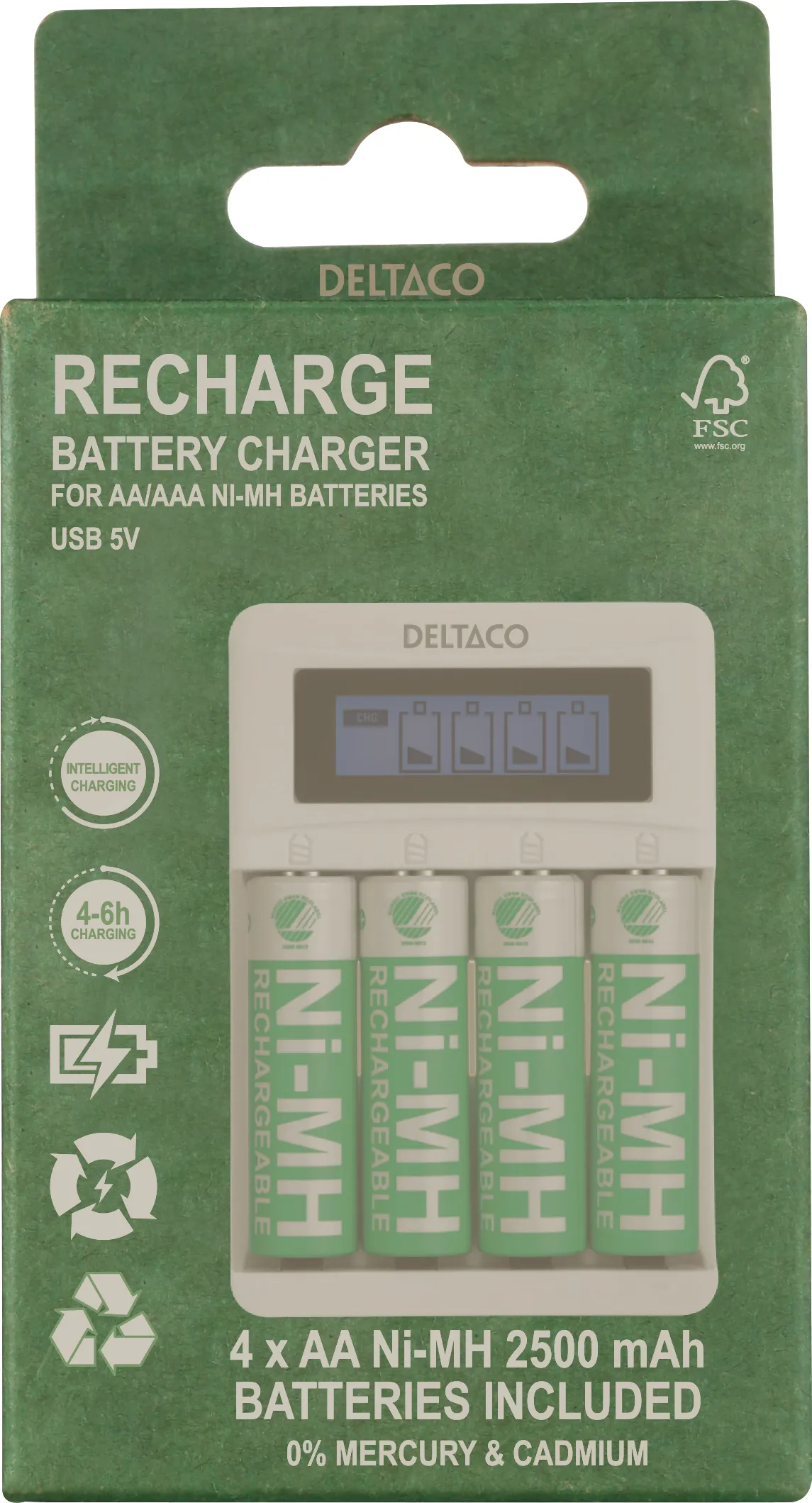 DELTACO Ultimate Ni-Mh USB charger with 4 x AA batteries