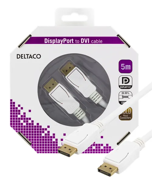 Deltaco Prime DisplayPort – DisplayPort 1.2 -kaapeli, 5 m, Valkoinen