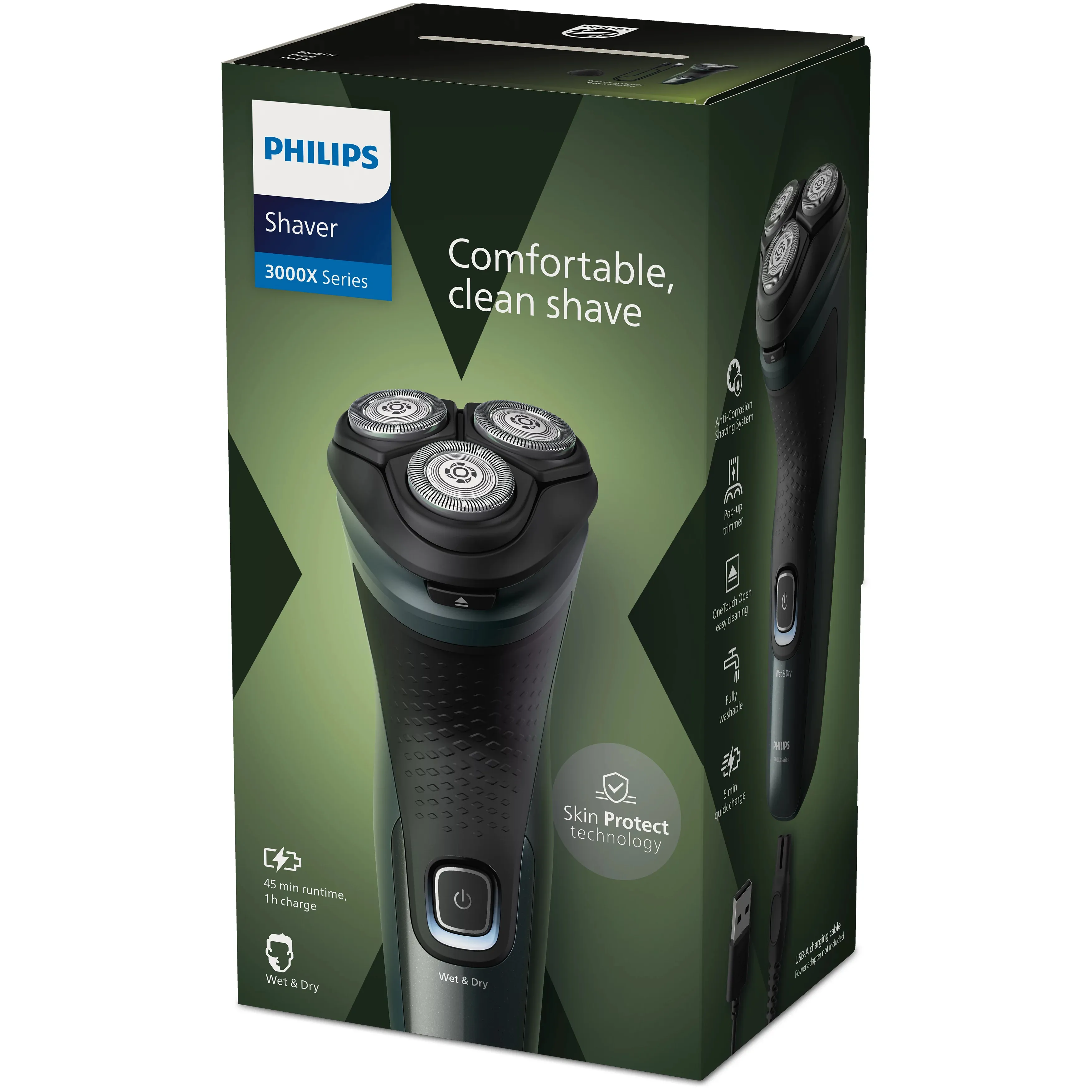 Philips Shaver 3000X Series X3052/00 -parranajokone, musta, vihre&auml;