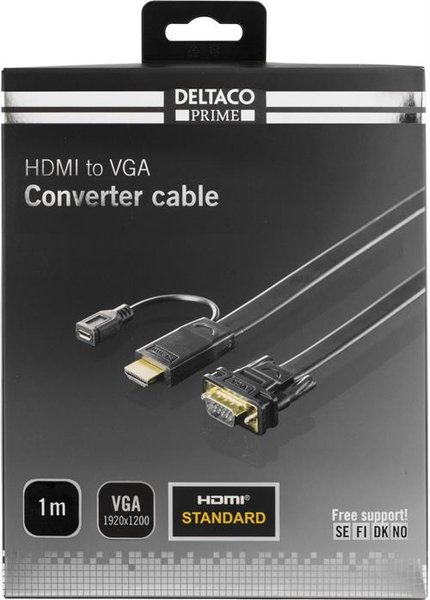 DELTACO PRIME HDMI - VGA-kaapeli, 19-pin ur - 15-pin ur, 1m, musta
