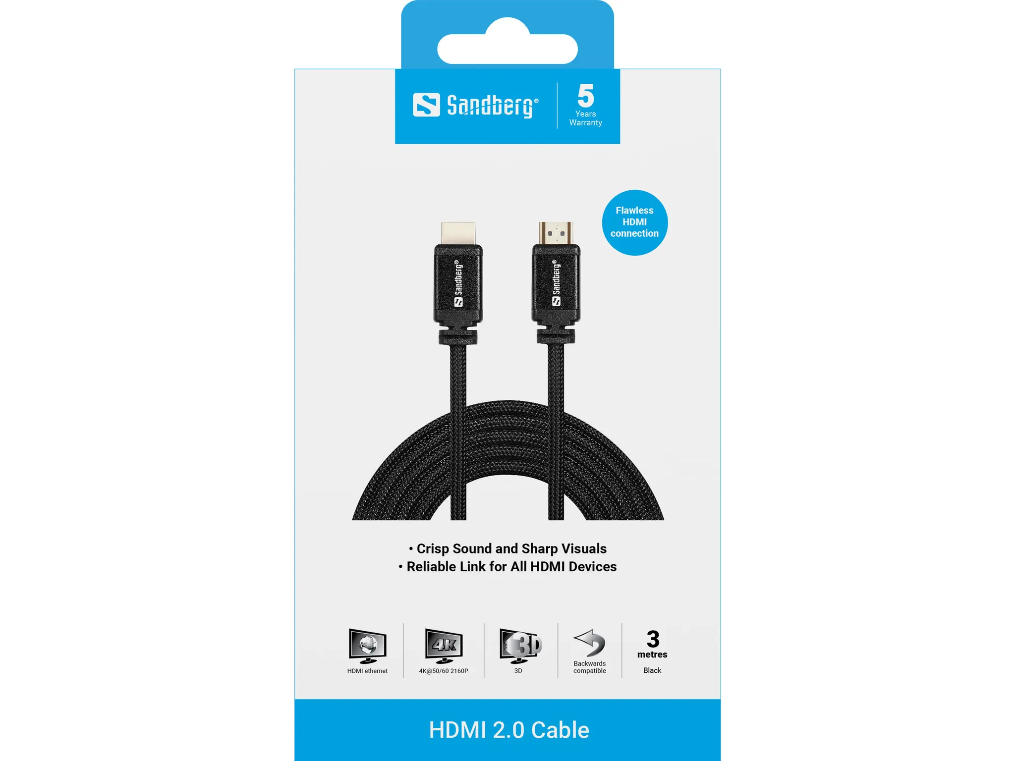 Sandberg HDMI &ndash; HDMI 2.0 -kaapeli, 3 m, Musta