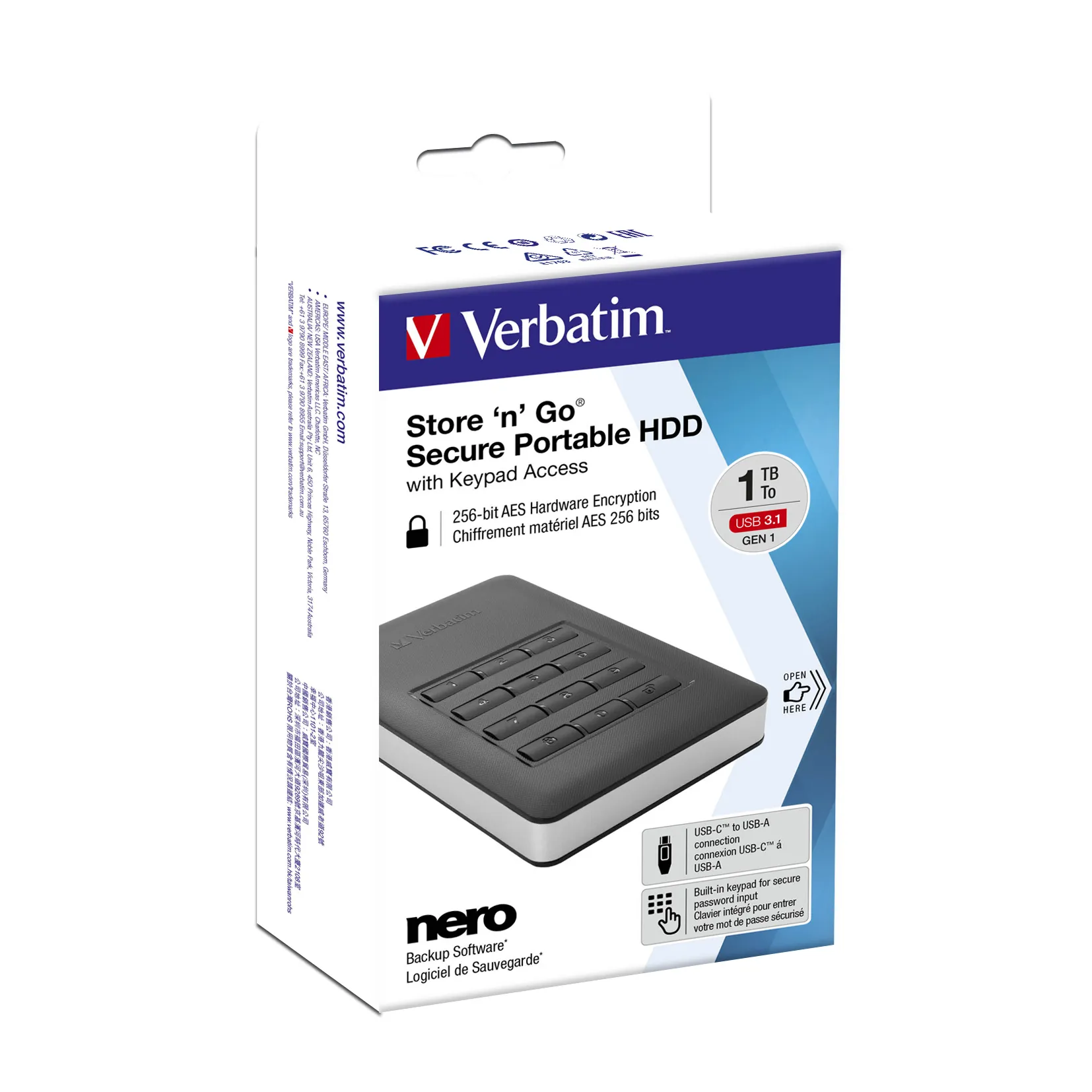 Verbatim Store 'n' Go Secure 1 TB - extern h&aring;rddisk , Svart/Silver