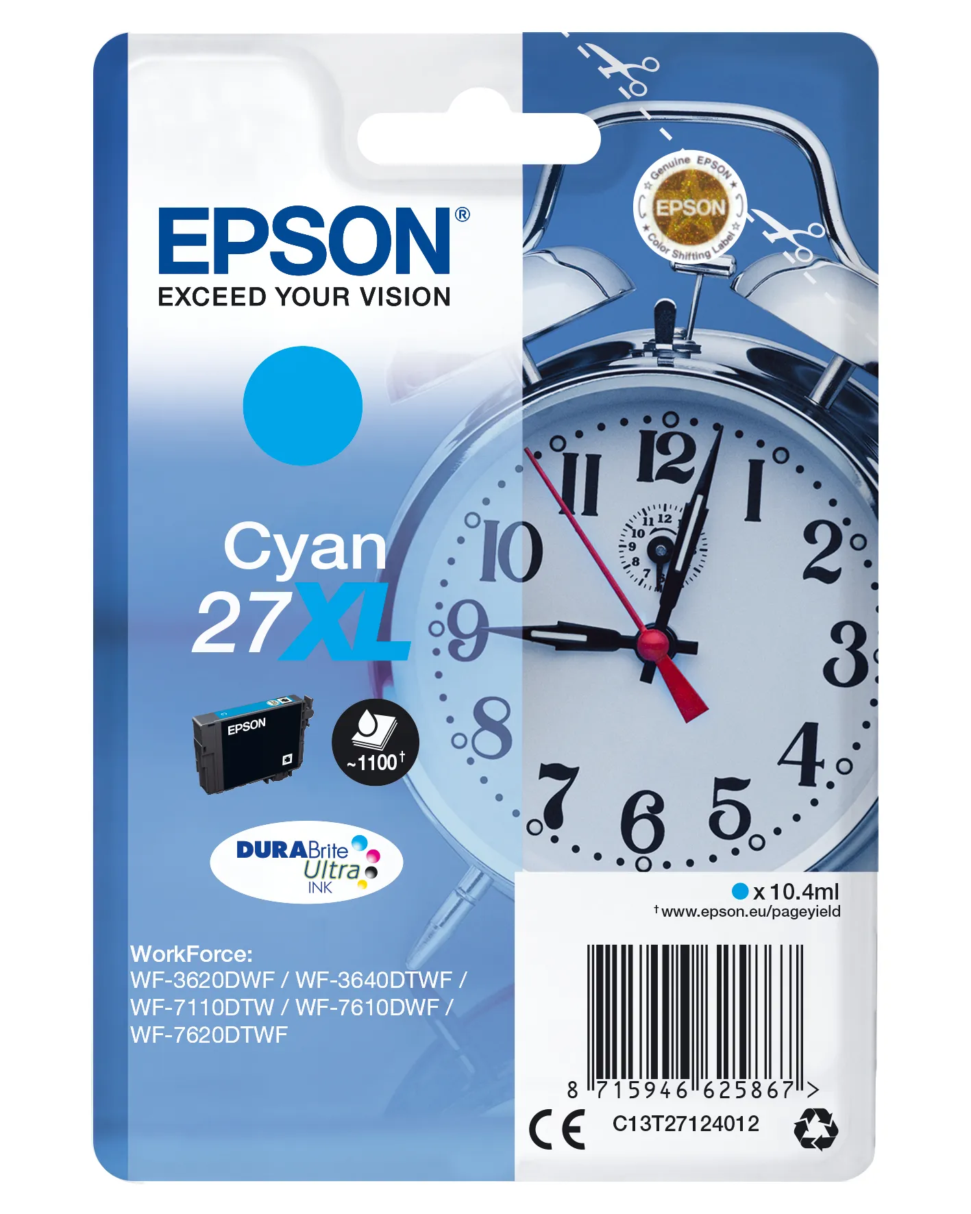 Epson 27XL - 17.7 ml - XL-koko - sinivihre&auml; - alkuper&auml;inen - blister RF-h&auml;lyttimell&auml; - mustepatruuna malleihin WorkForce WF-3620DWF Stickers, WF-3640DTWF, WF-71