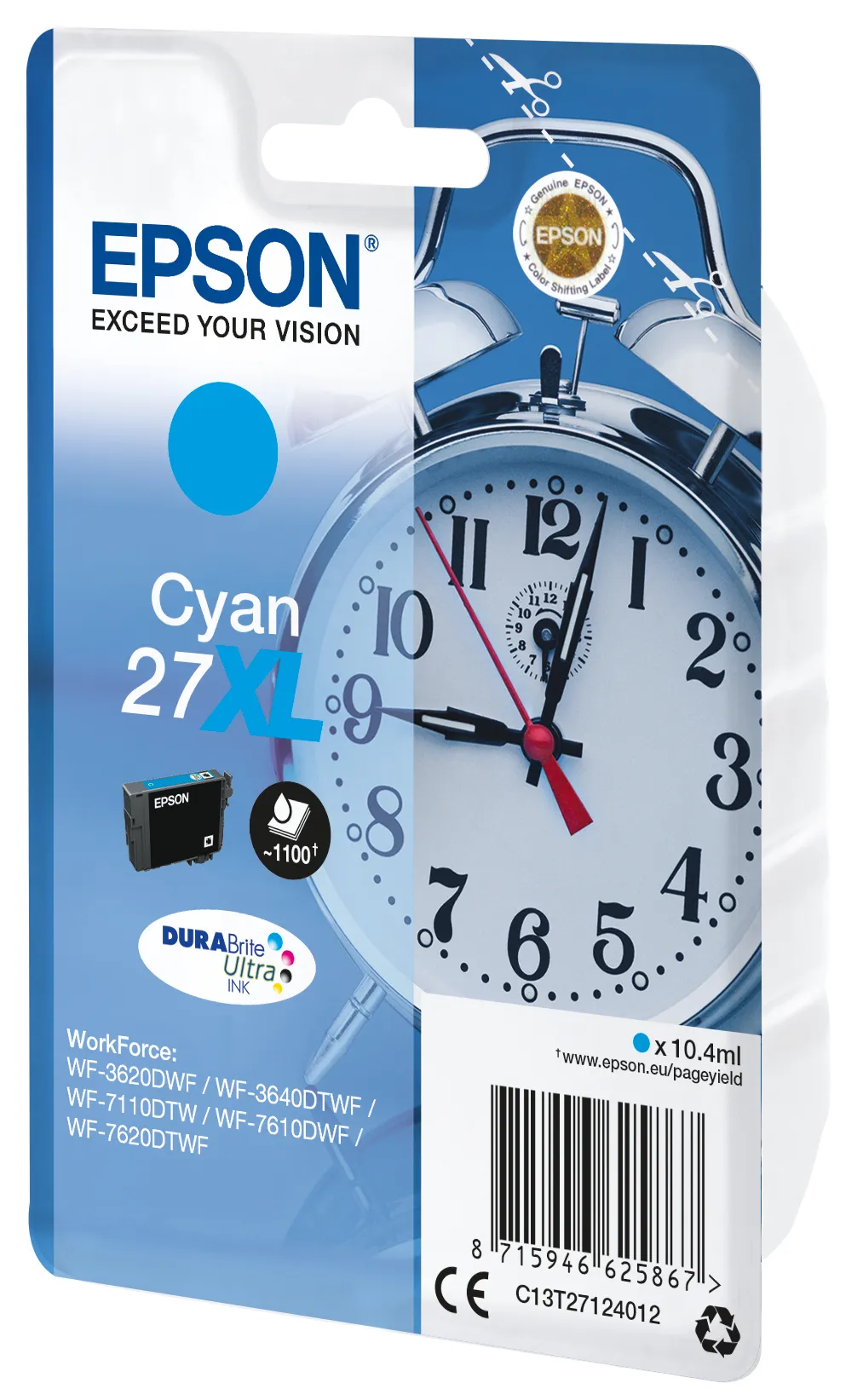 Epson 27XL - 17.7 ml - XL-koko - sinivihre&auml; - alkuper&auml;inen - blister RF-h&auml;lyttimell&auml; - mustepatruuna malleihin WorkForce WF-3620DWF Stickers, WF-3640DTWF, WF-71