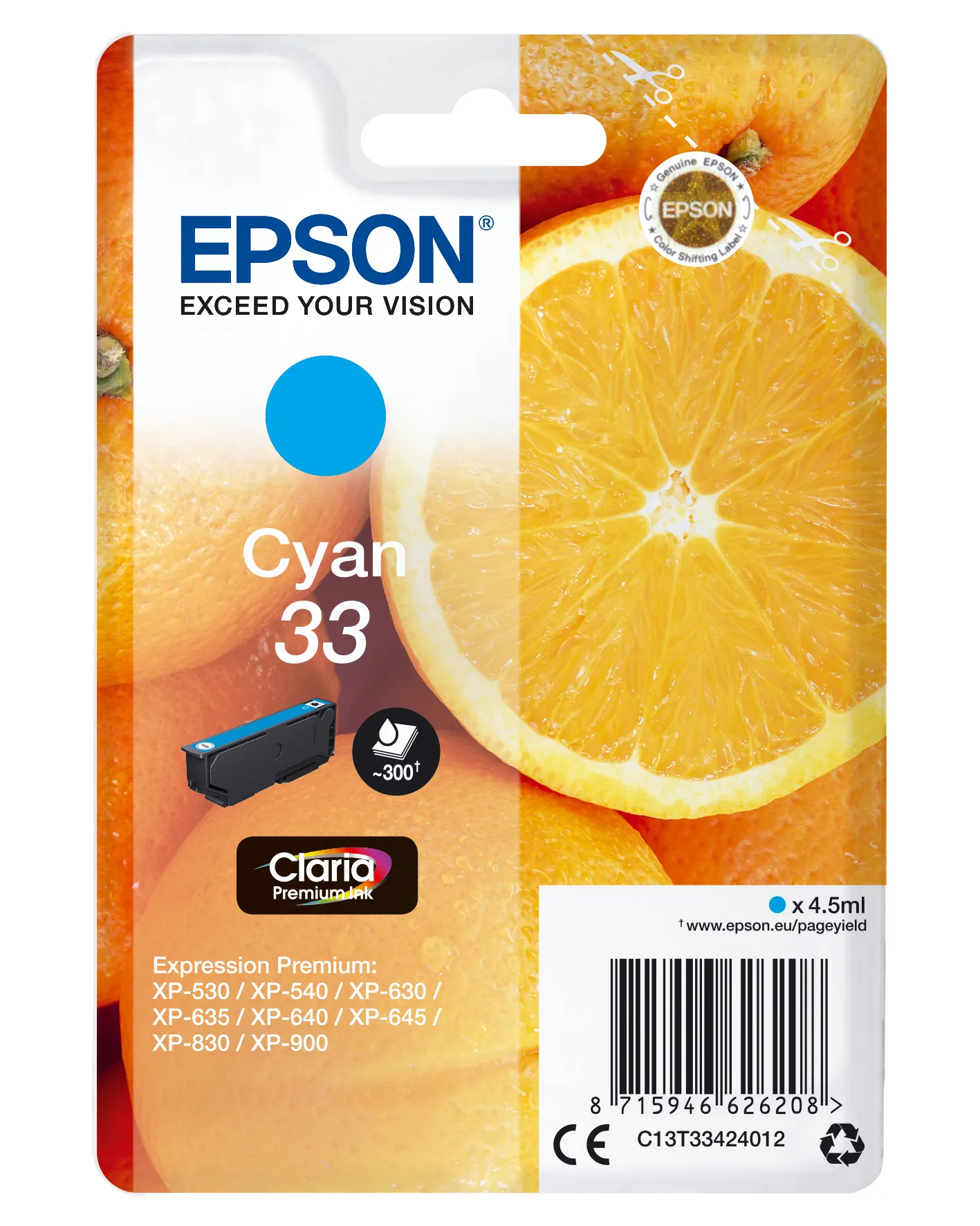 Epson 33 - 4.5 ml - sinivihre&auml; - alkuper&auml;inen - blister RF:ll&auml;/&auml;&auml;nih&auml;lyttimell&auml; - mustepatruuna malleihin Expression Home XP-530, 630, 635, 830, Expression Prem