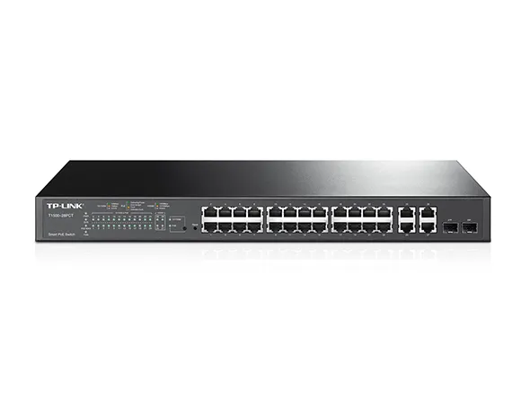 TP-LINK Smart PoE Switch T1500-28PCT - Kytkin - 24 x 10/100 (PoE) + 2 x SFP + 4 x 10/100/1000 - r&auml;kkiin asennettava - PoE