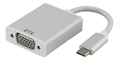 DELTACO PRIME USB-C - VGA-sovitin, 1080p, alumiinia, hopea